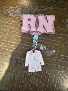 Pink RN Glitter Badge Reel with Medical Coat Charm